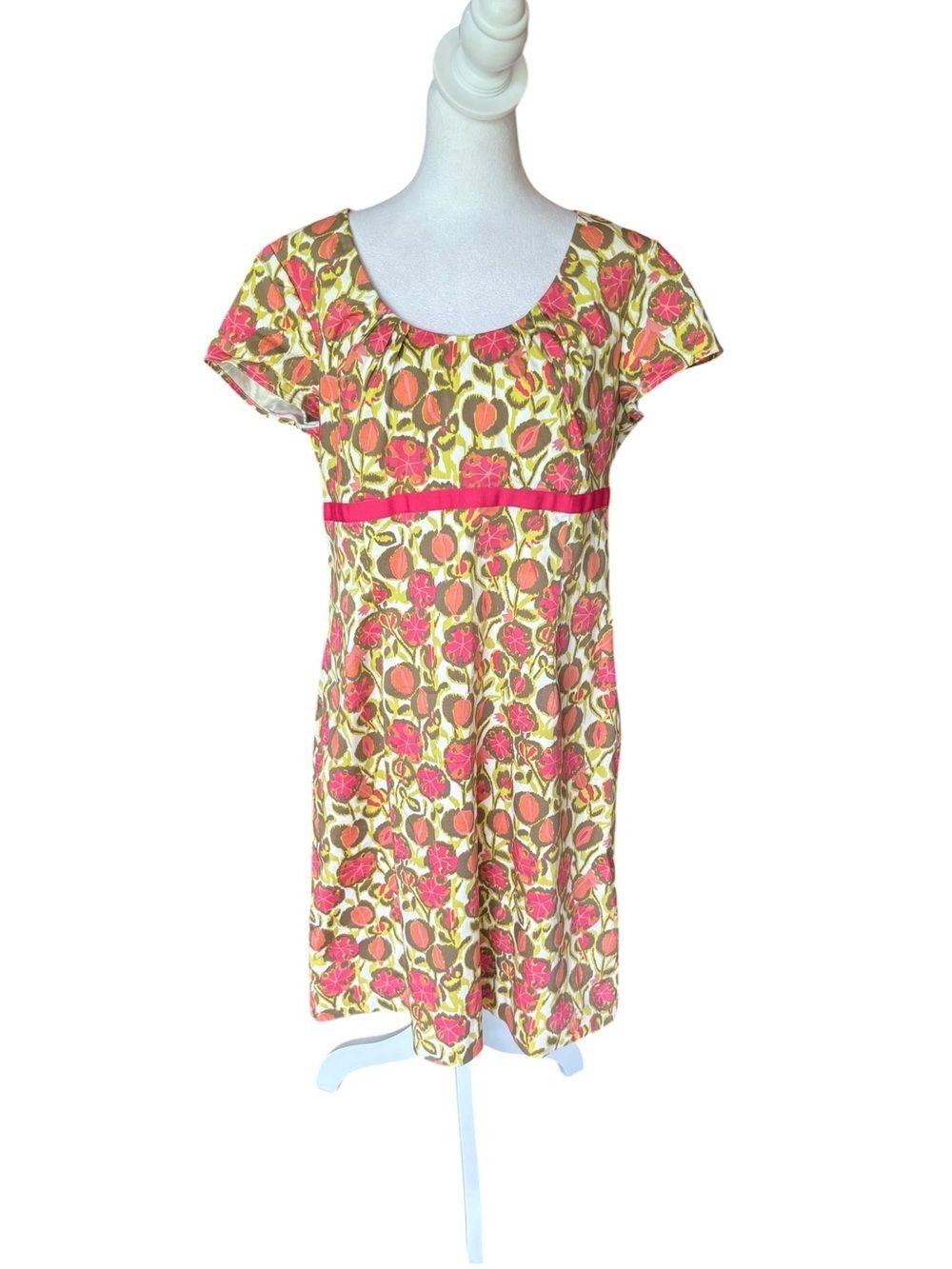 Boden Sheath Dress Empire Waist Short Sleeve Pink Green Yellow Womens US 14